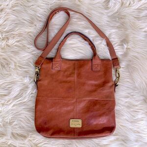Vintage Fossil Caramel Brown Leather Crossbody Bag Detachable Strap Boho Cotage